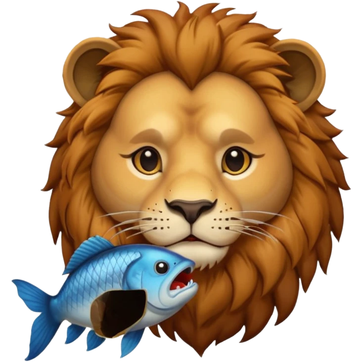  A lion eating a fish, feeling sad, portrait, bust up emoji