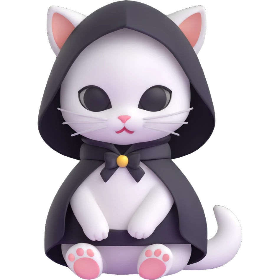 white baby cat in a black mini dress and black veil, looking shy emoji