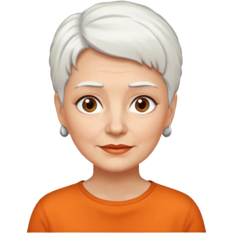 older white haired woman with orange shirt short white hair make eyebrows brown emoji