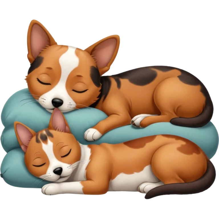 Calico cat with black nose sleeping near a dachshund dog    emoji