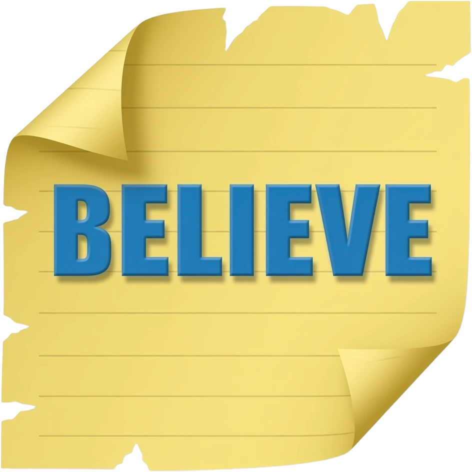 Yellow construction paper, slight tears on both sides, BELIEVE in blue, written across the paper emoji