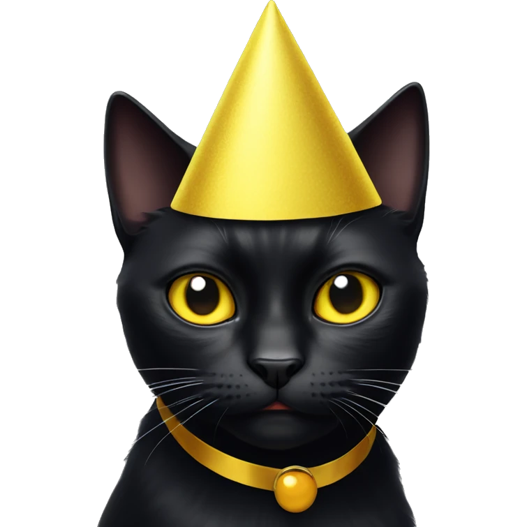 Black cat with angry yellow eyes wearing a party cap emoji