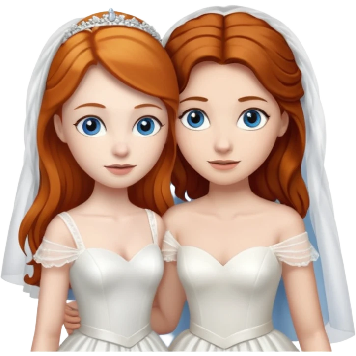 A ginger woman with blue eyes, marrying a taller woman with dark brown hair and hazel eyes, both in wedding dresses. emoji