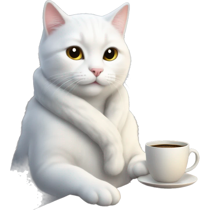 A white cat on a cozy Winter season with coffee  emoji
