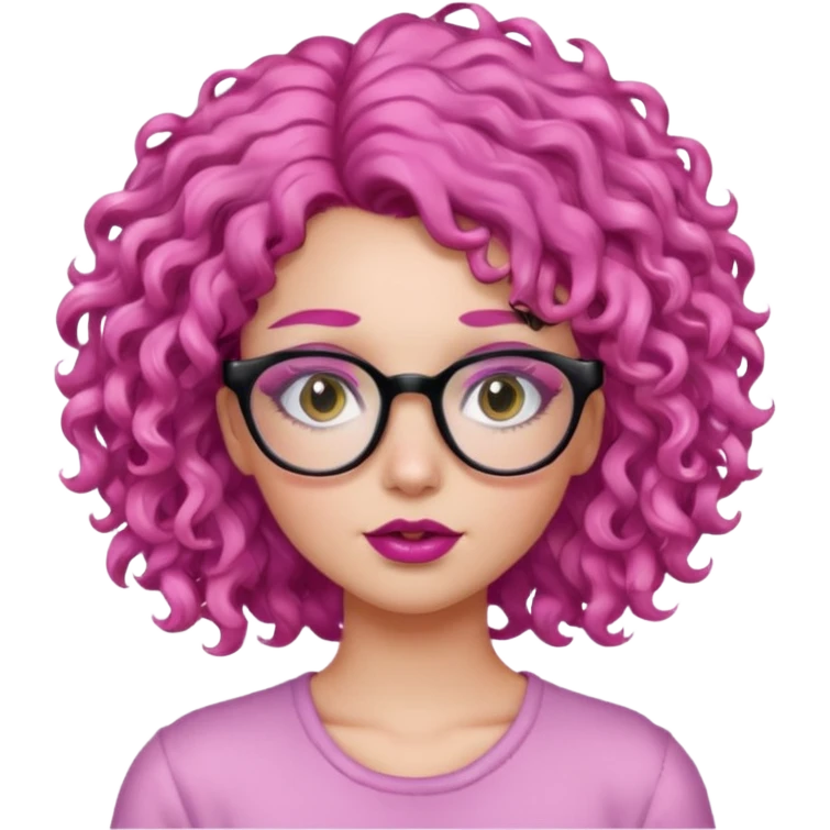 girl with pink curly hair around her shoulders, dark eyebrows, lashes, glasses and lip gloss emoji