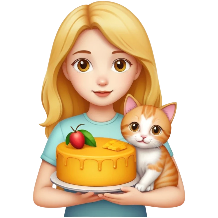 Beautiful girl holding a big mango cake and a kitten in her hands emoji