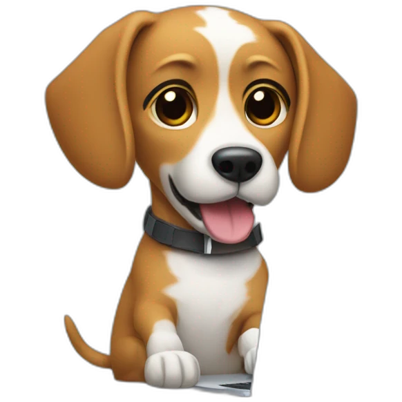 Dog on a computer chair playing a MacBook emoji