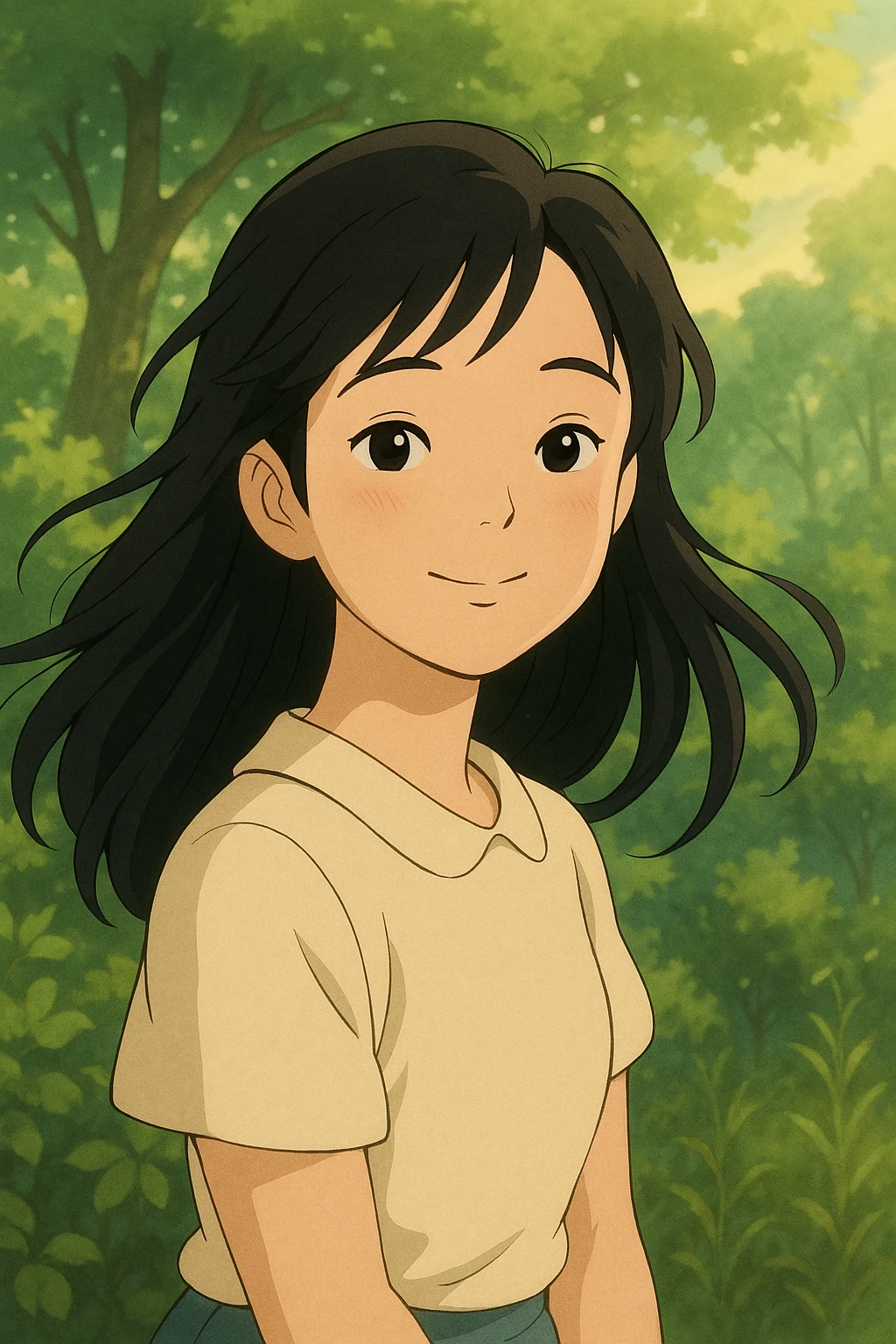 Chinese girl, ghibli style, gentle smile, flowing hair, nature-inspired background emoji