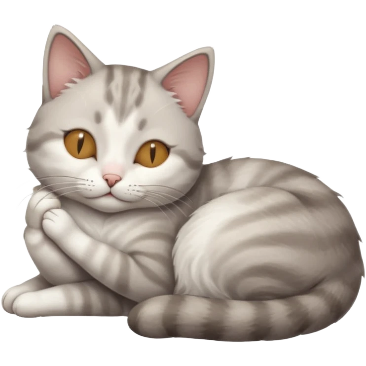 grey and white small cat with its eyes closed lying down leaning on his elbow with his paw curled under his head holding it up emoji