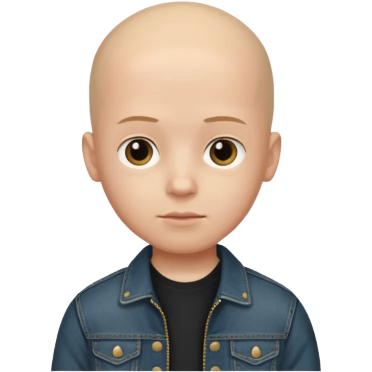  a boy with bald head, black jeans jacket, plain forehead emoji