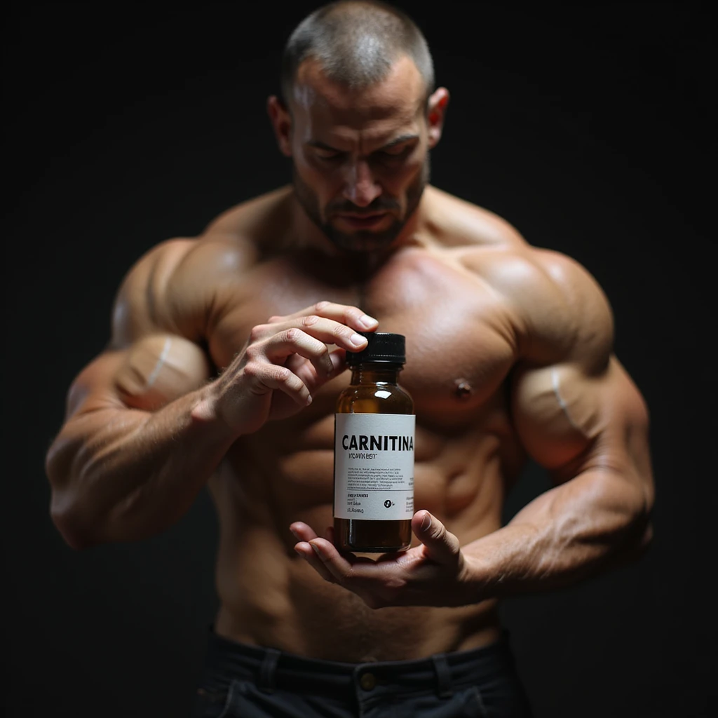 hyperrealistic bodybuilder holding a vial with a clearly visible label reading 'CARNITINA' in large block letters, muscular details, dramatic lighting, 4k quality emoji