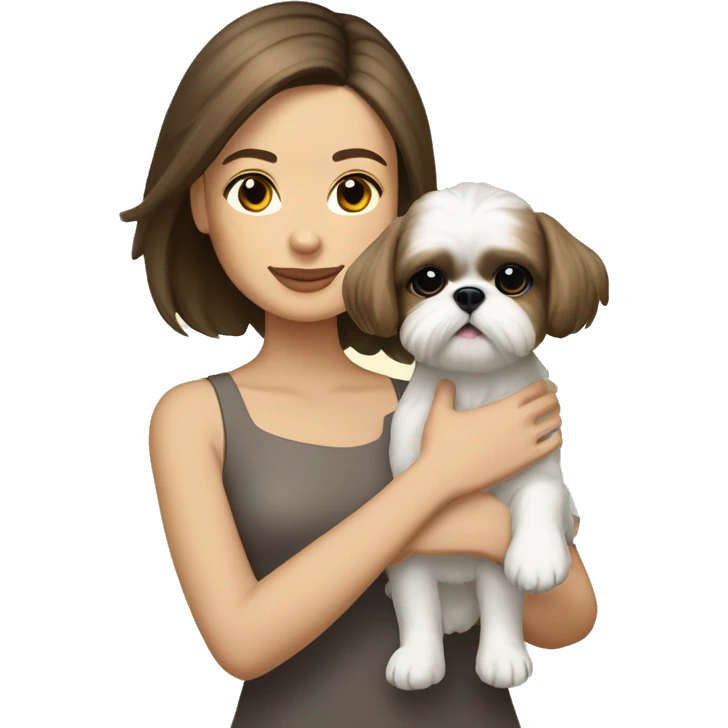 Young brunette hair woman with a cream shih tzu in her arms short hair emoji