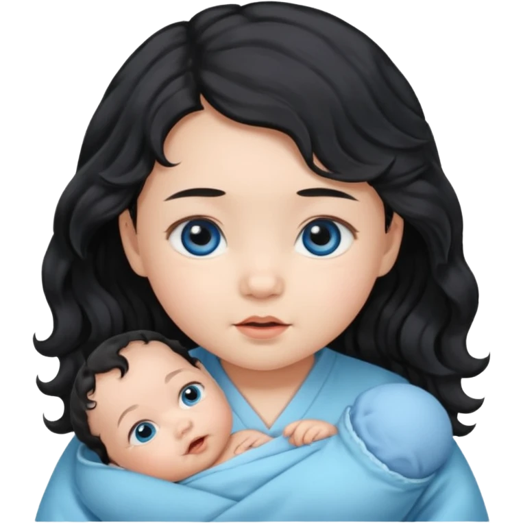 a girl asian newborn baby with black wavvy hair and blue eyes emoji