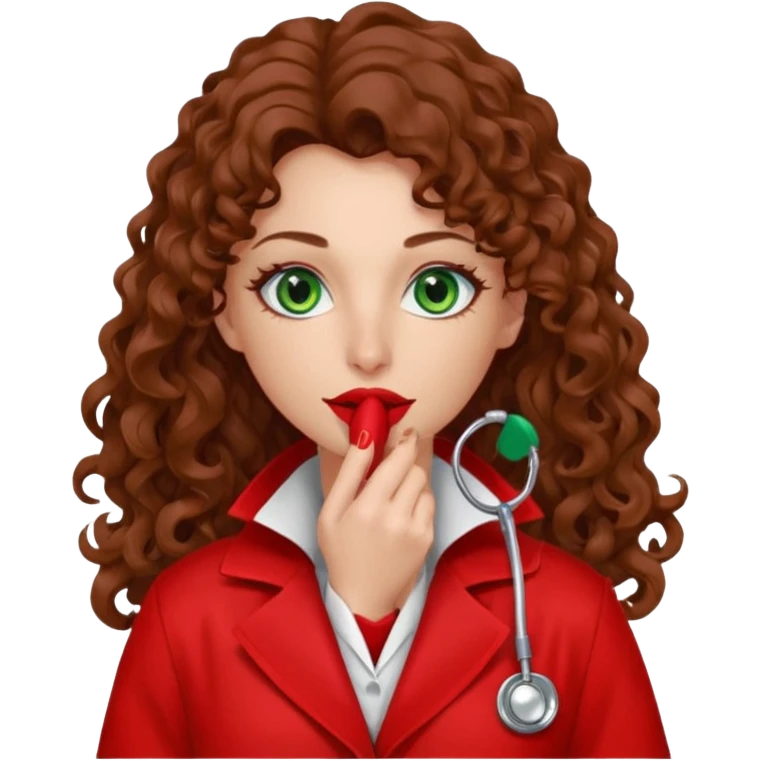 Lilith symbol sexy evil woman. She has green eyes.  had brown long curly hair.  evil surgeon kills with scalpel wears red sexy doctor coat with red mouth cover red gloves. Covers nose, neck  and mouth with Muslim red berka emoji