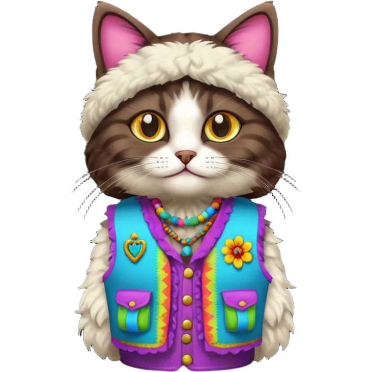 fluffy dark brown cat wearing hippie outfit  emoji