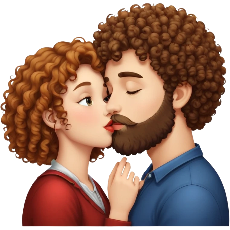 curly haired girl kissing a man with a beard, romantic couple kiss emoji