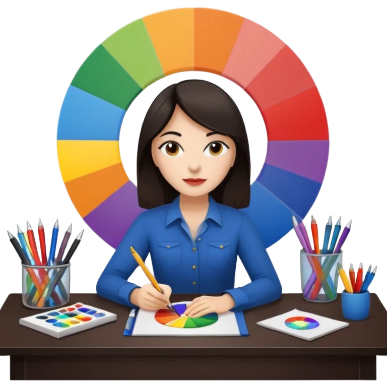female dark hair graphic designer , color wheel, pens, papers , desktop emoji