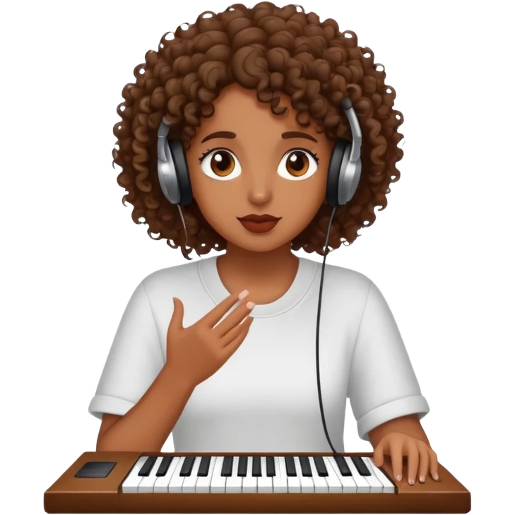 A brown-skinned girl with curly hair is listening to a song by 6lack emoji