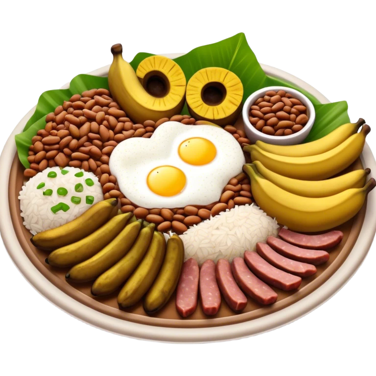 Cinematic Realistic Bandeja Paisa Dish Emoji, depicted as a hearty platter featuring beans, rice, meat, and plantains rendered with detailed textures and vibrant, robust lighting. emoji