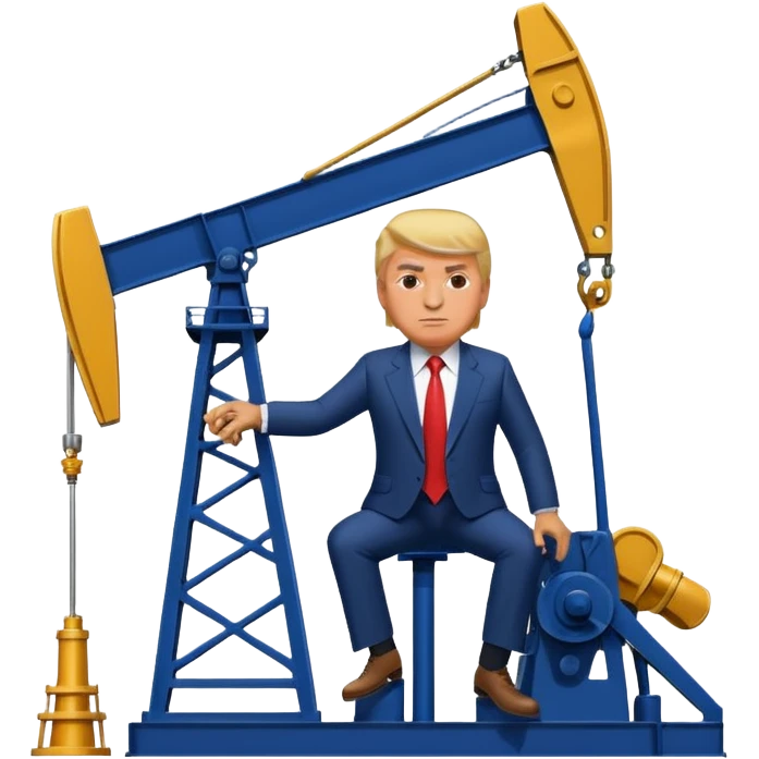 Trump riding a oil pump jack saying “drill baby drill” emoji