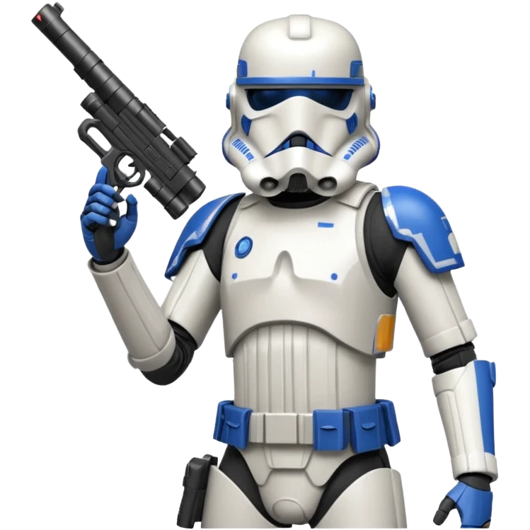 A starwars 501st clonetrooper with rally makes on the helmet holding his blaster in his left hand aiming the gun up with elbow bent so it’s not above the head emoji