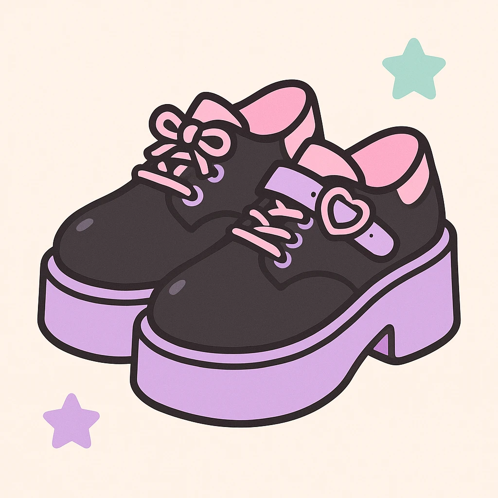Add pastel pink and pastel purple accents to the BLACKPINK-inspired gothic shoes, keep them cute and stylish, kawaii style, no hearts. emoji