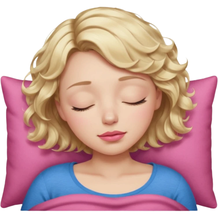 Girl Blonde short wavy hair,  blue eyes, cute blue top, long lashes, pink lips, sleeping eyes closed, zzzz  emoji