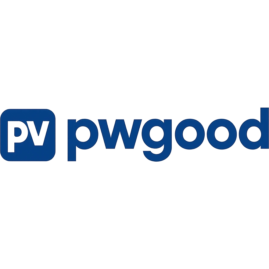 modern logo for 'pwgood' with bold sans-serif lettering, blue and white color scheme emoji
