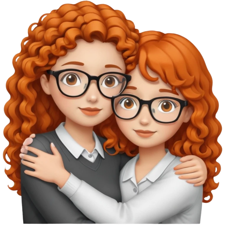 girl with orange and straight hair hugging a girl with curly brown hair with glasses emoji
