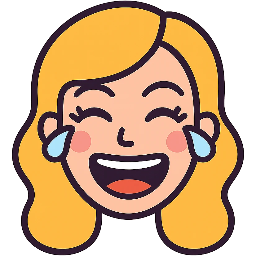 playful vector emoji of a joyful woman laughing uncontrollably, eyes tightly closed with tears, wide open mouth, teeth and tongue visible, rosy cheeks, expressive, long eyelashes, subtle makeup, vibrant colors, smooth and clean lines emoji