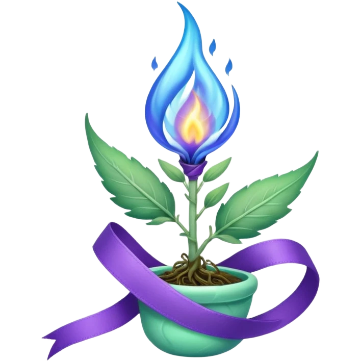 Blue flame enveloping a green sage sprout surrounded by a purple ribbon emoji