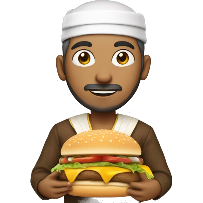 White skinned khaleeje men wearing GCC traditional clothes holding cheeseburger  emoji