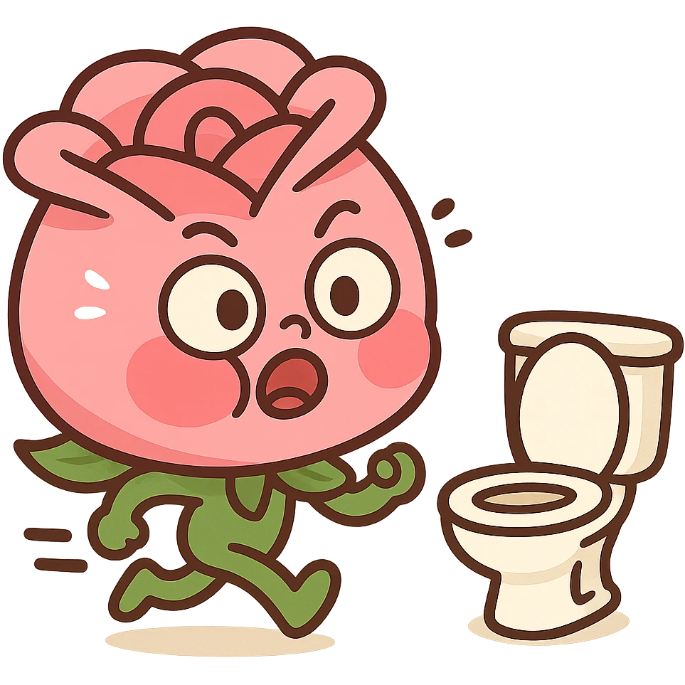 soft pink rose flower with puffed cheeks making a panicked toilet run, eyes bulging, legs dashing, pastel tones, chibi round shape emoji