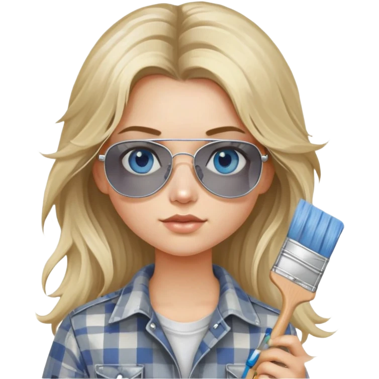 girl with long blond messy hair, wearing grey plaid shirt with blue eyes and aviator sunglasses wearing a ring on her silver necklace, holding a paint brush roller with a small bit of white paint on her face emoji