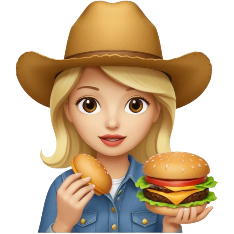 blonde female wearing cowboy eating hamburger emoji