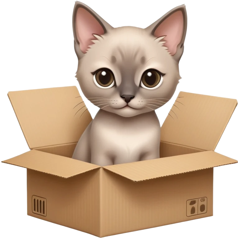  A very cute gery young kitten Siamese Cat cat with one's head tilted to one side poked its paws out of the cardboard big box and placed them on top of it emoji