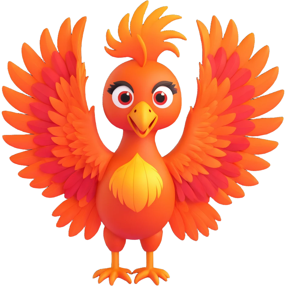a cartoon phoenix with big eyes, playful expression, bright orange and red feathers emoji