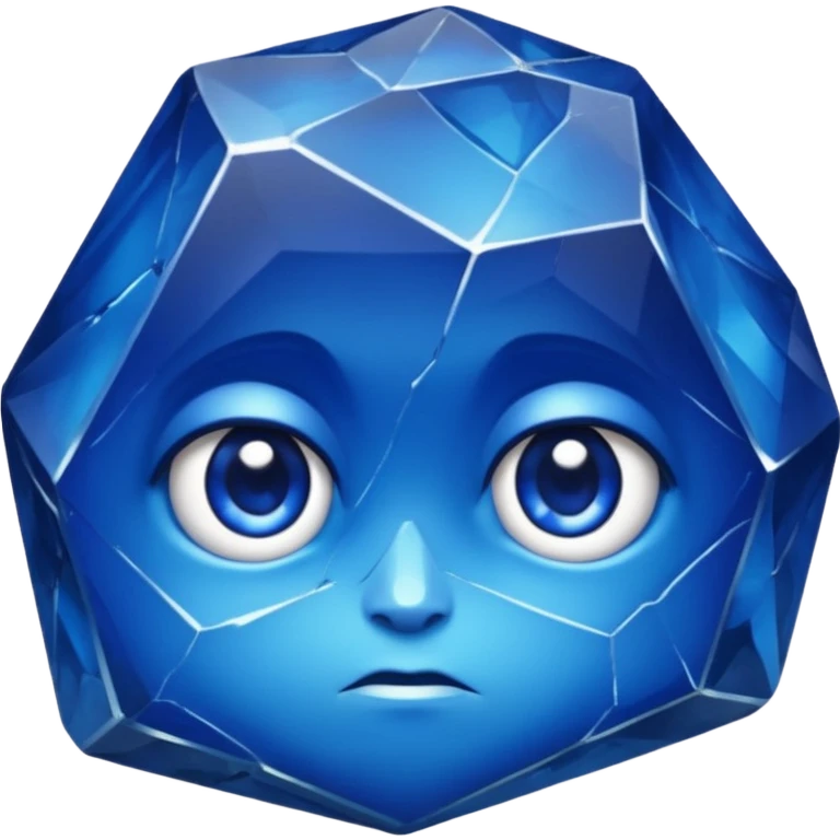 A single sapphire-blue faceted rock head, chunky and worn, with very visible big cracks and chipped facets but still shiny, big kind eyes emoji