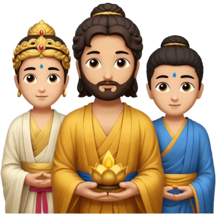 Create a Jesus, Krishna, and Buddha standing together. Buddha: warm golden or light tan skin, dark curled hair with a traditional top bun (ushnisha), half-closed meditative eyes

 emoji