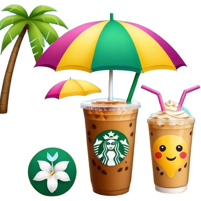 Starbucks summer theme with iced drinks, bright colors, tropical elements, fun emoji style emoji