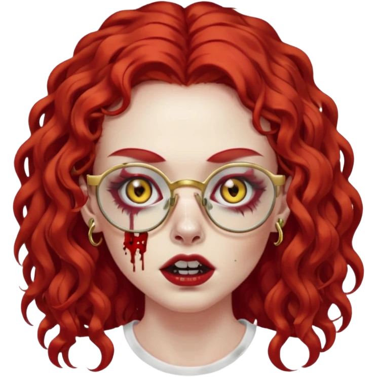 create a zombie with long red curly hair, thick lashes, black square glasses, gold nose piercings on each side of her nose, and a gold eyebrow piercing. emoji