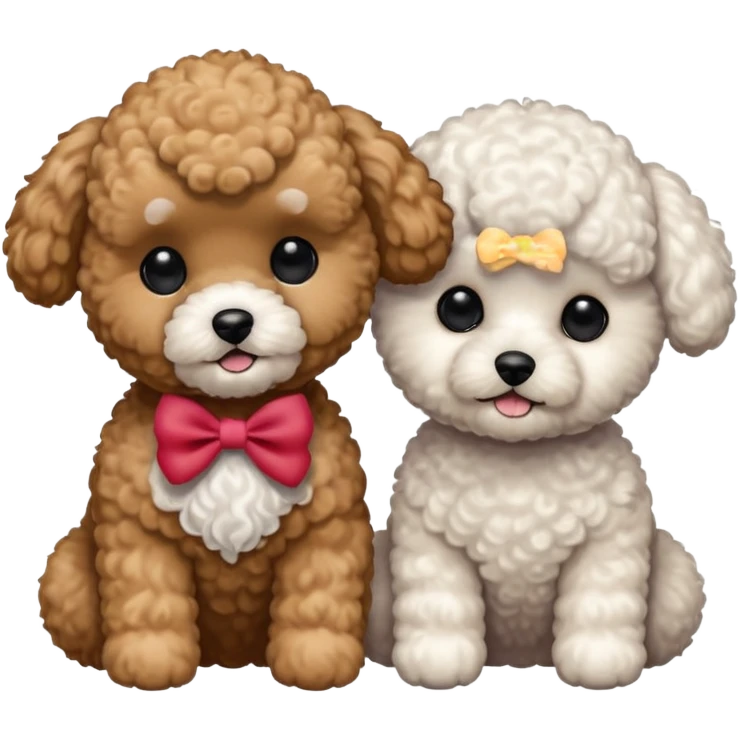 Two small, fluffy dogs with a toy poodle / bichon-like appearance, both with round faces, black button eyes, and short snouts. Their fur is bright white, tightly curled, and freshly groomed, styled in a plush, teddy-bear cut. emoji