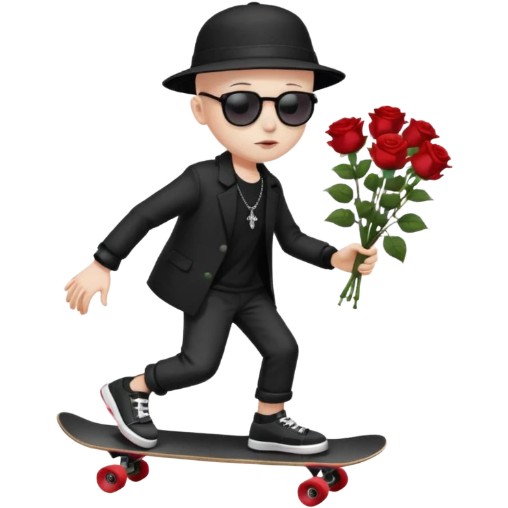 ["A sad boy with pale skin, bald, wearing a sunhat and sunglasses, dressed in goth fashion, is skateboarding while holding a flower bouquet."] emoji