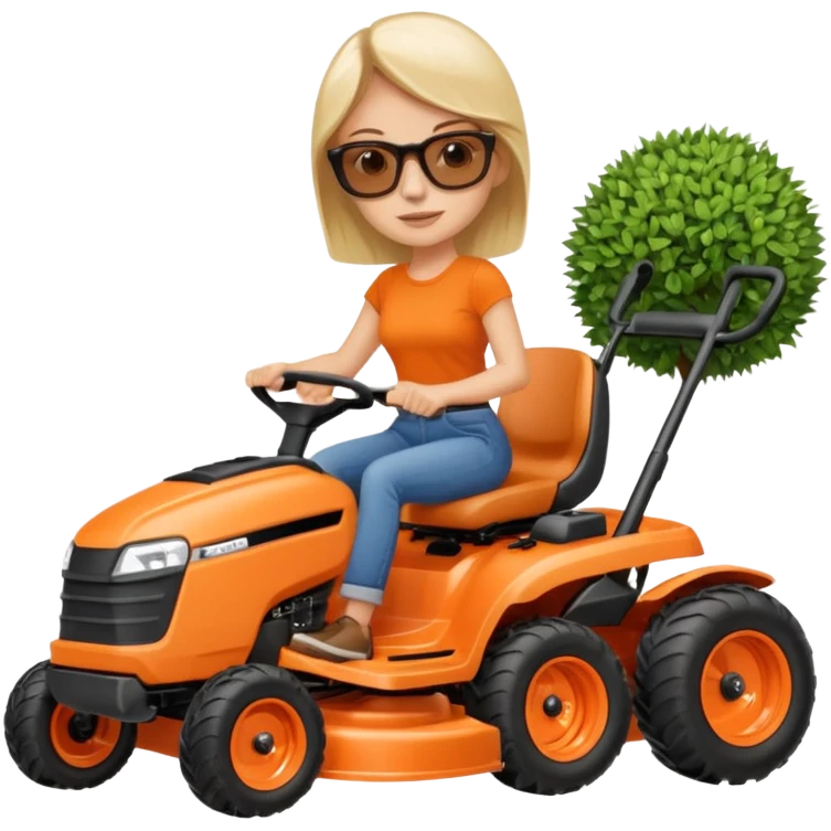 White woman on orange ride on lawn mower cutting lawn emoji