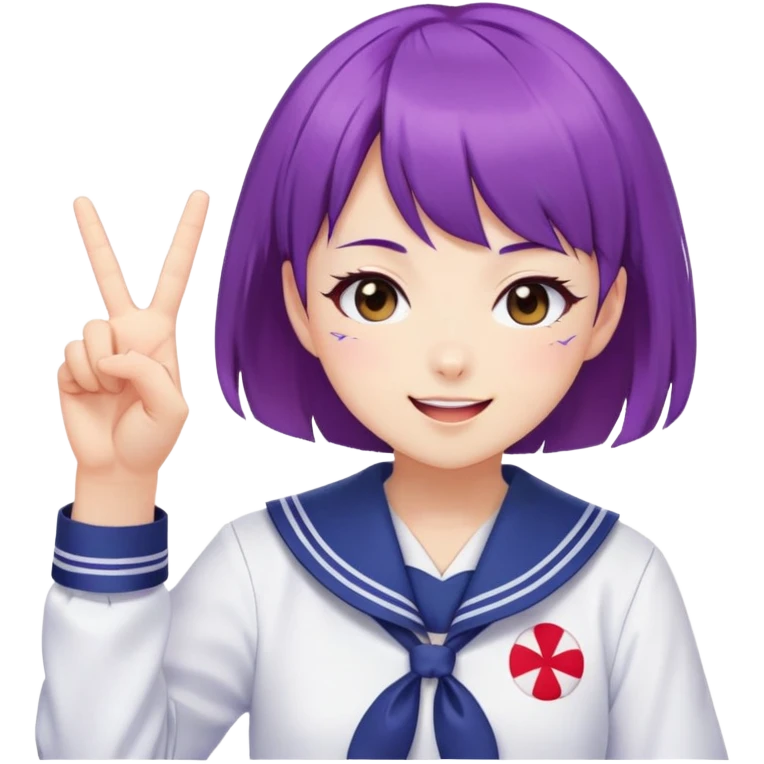 Energetic anime girl with short purple hair wearing Japanese sailor style school uniform, winking and making double peace signs, very cheerful and bubbly, kawaii style emoji