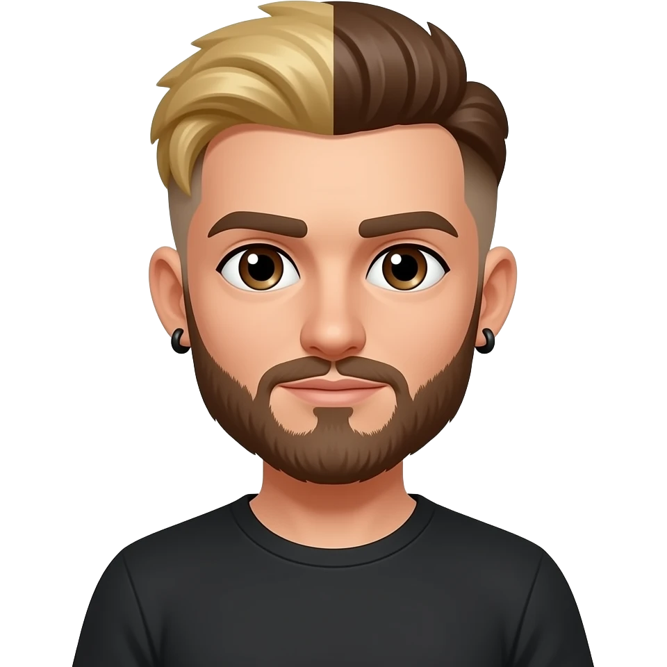 8-BitRyan with brown eyes, one side  blonde hair, one side brown buzz cut, brown short beard, black t-shirt, black earrings emoji