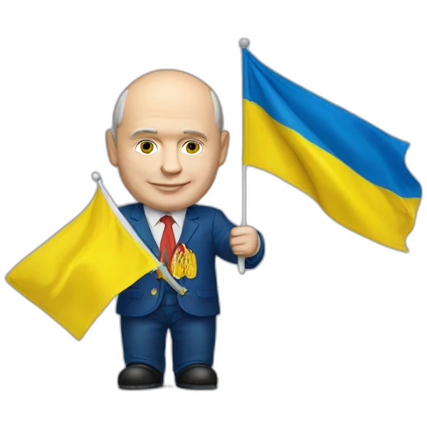 Vladimir Poutine holding Ukrainian flag high details emoji