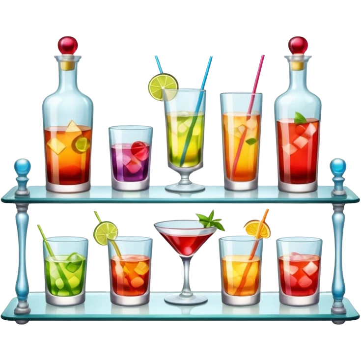 A glass shelf filled with cocktail bottles and fancy drinking glasses.
 emoji