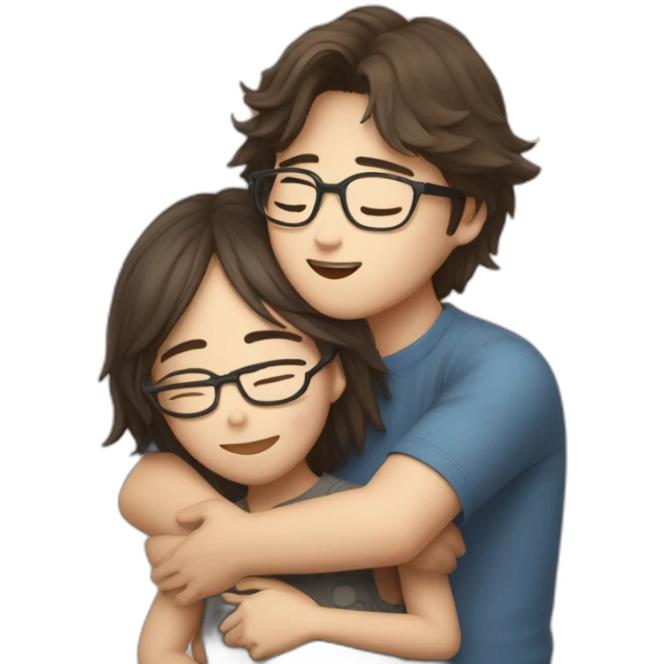 Hug between a korean boy and a messy brown hair Woman with glasses emoji