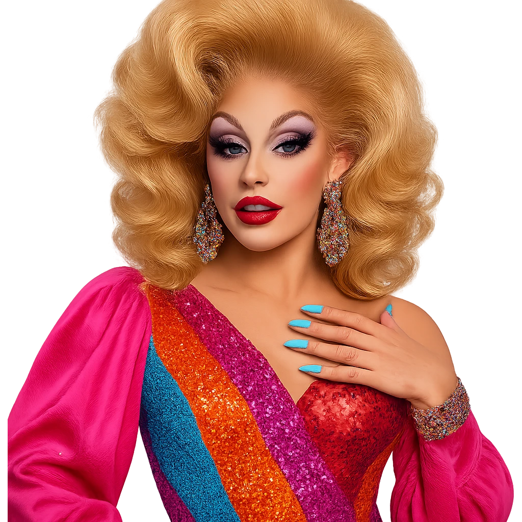 drag queen with glamorous makeup and big hair, vibrant outfit emoji